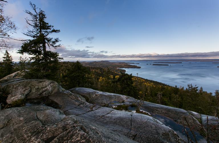 N&auml;kym&auml; Kolin kansallispuistosta j&auml;rvelle kallion laelta, ymp&auml;rill&auml; vehre&auml;&auml; mets&auml;&auml; ja sininen taivas.