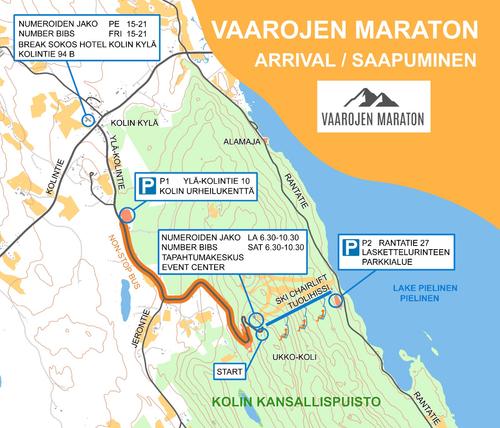 Vaarojen Maratonin saapumiskartta, joka esittelee pysäköintialueet, bussikuljetukset ja reitin tapahtumakeskukseen Kolin kansallispuistossa.