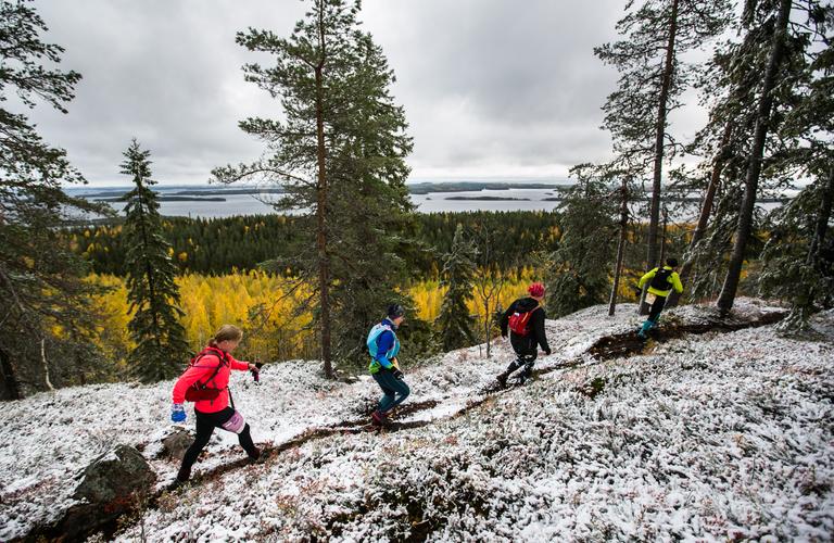 Vaarojen Puolikas runners progressing on a snowy trail through Koli&rsquo;s rugged scenery, with autumnal lake and forest views in the background.