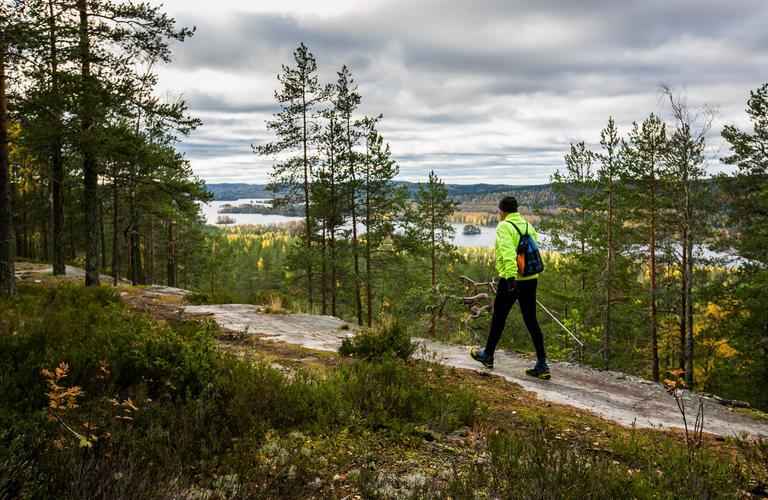A Vaarojen Pyr&auml;hdys participant traversing a trail in Koli National Park, with autumnal lake views and forests unfolding in the background.